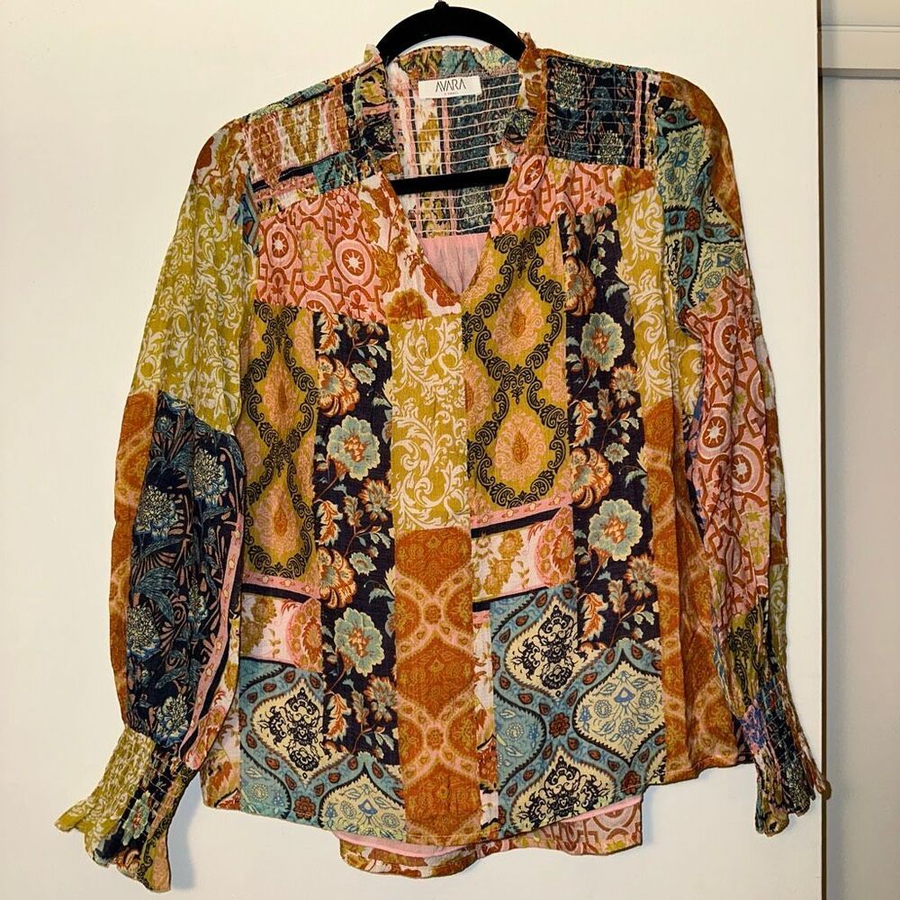 Avara Women’s XS Boho Paisley Colorful Patchwork Long Sleeve Blouse Shirt EUC